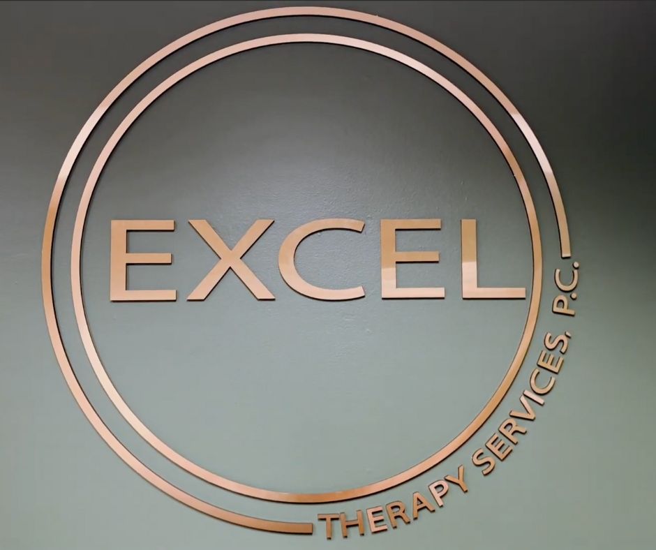 Logo of Excel Therapy Services PC with bronze text on a green background