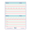 Handwriting practice sheet with letter tracing and colored lines on a white background.